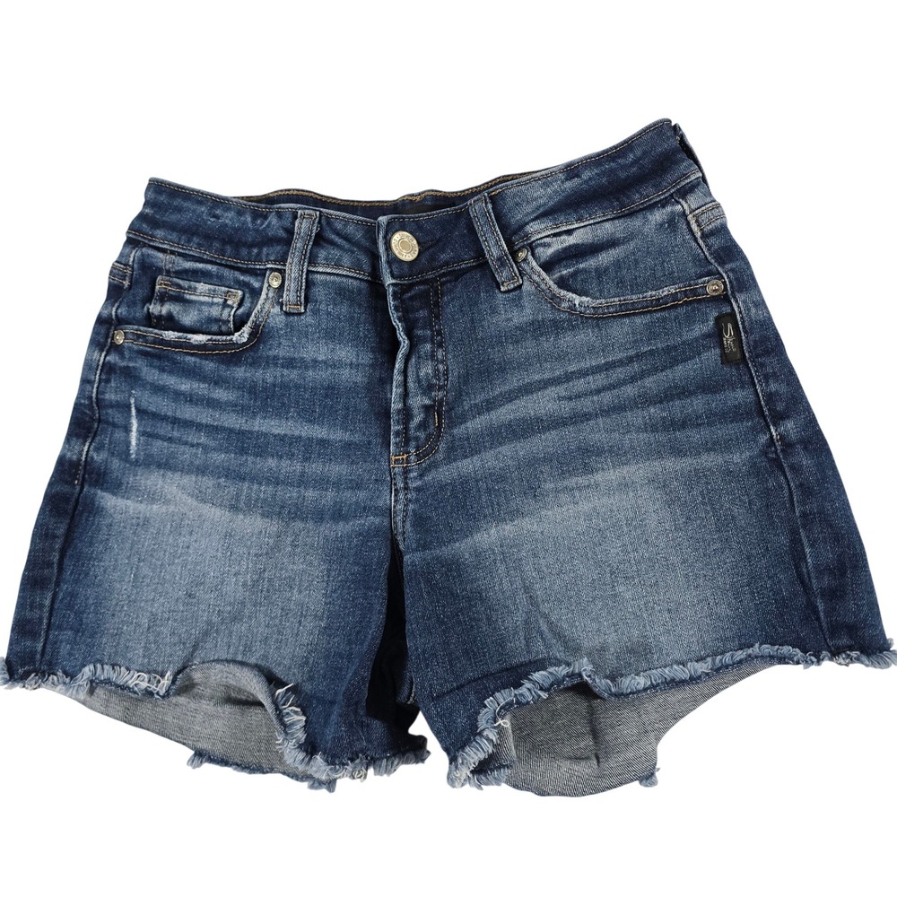 Silver Jeans Co Suki Mid Rise Denim Shorts Dark Wash Raw Hem W26‎ L53946EAE393